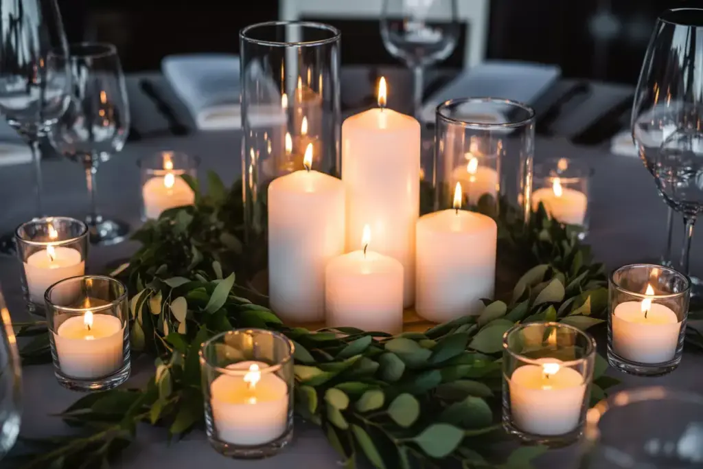 Varied height pillar candles with votives and eucalyptus garland