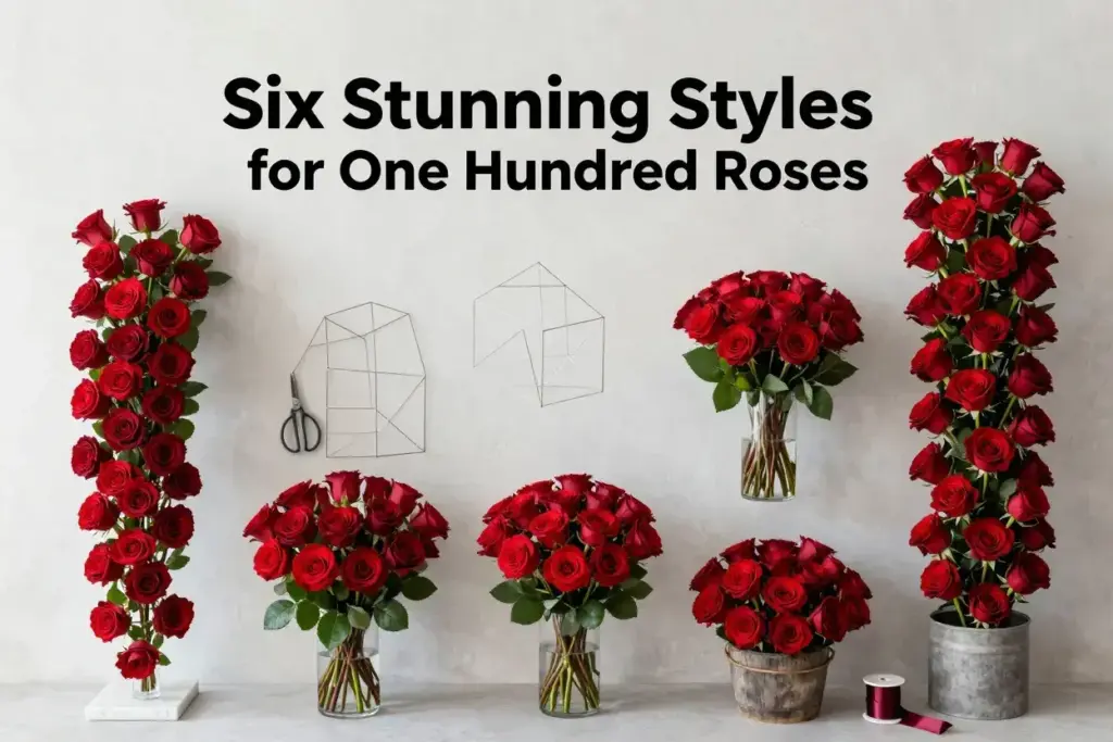Aerial view of six distinct floral styles for one hundred red roses