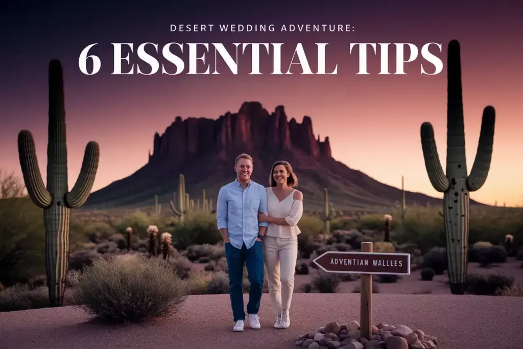 Couple at sunset with superstition mountains and saguaro backdrop