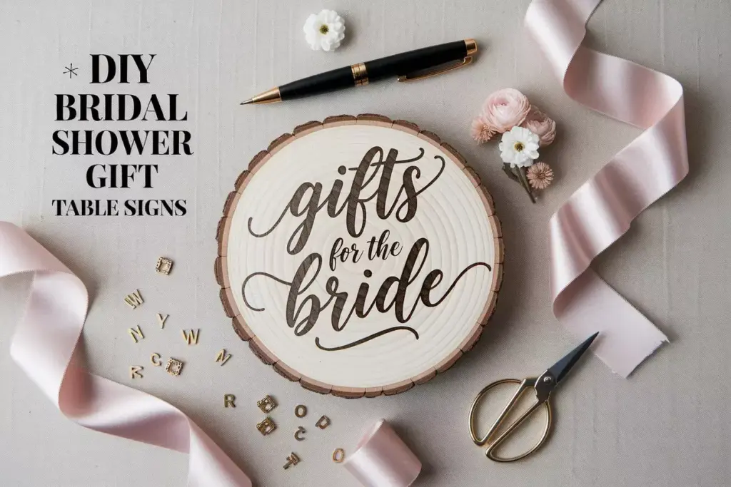 Elegant diy rustic wood sign and crafting supplies flat lay