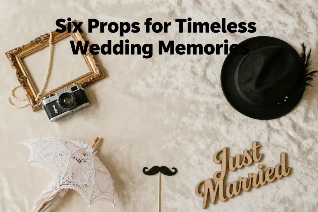 Overhead flat lay of six curated vintage wedding photo booth props