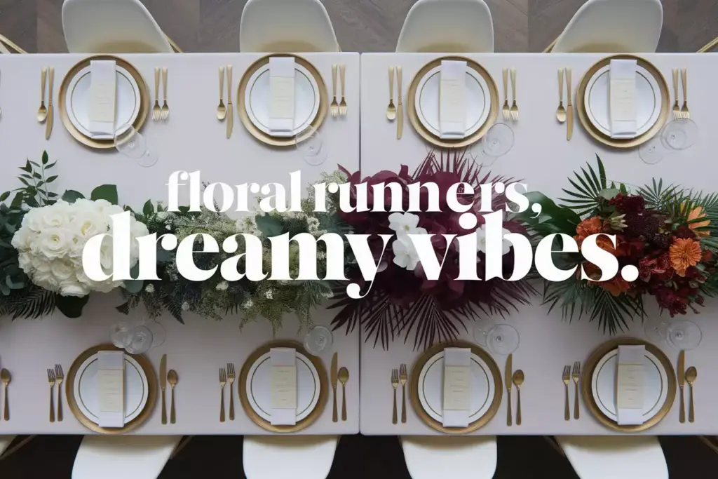 Overhead flat lay six floral wedding table runners on elegant banquet table