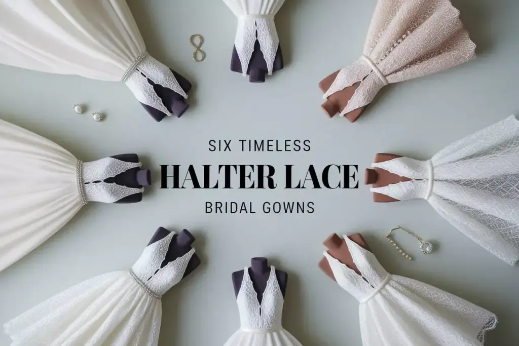 Six halter neck lace wedding dresses elegant flat lay arrangement