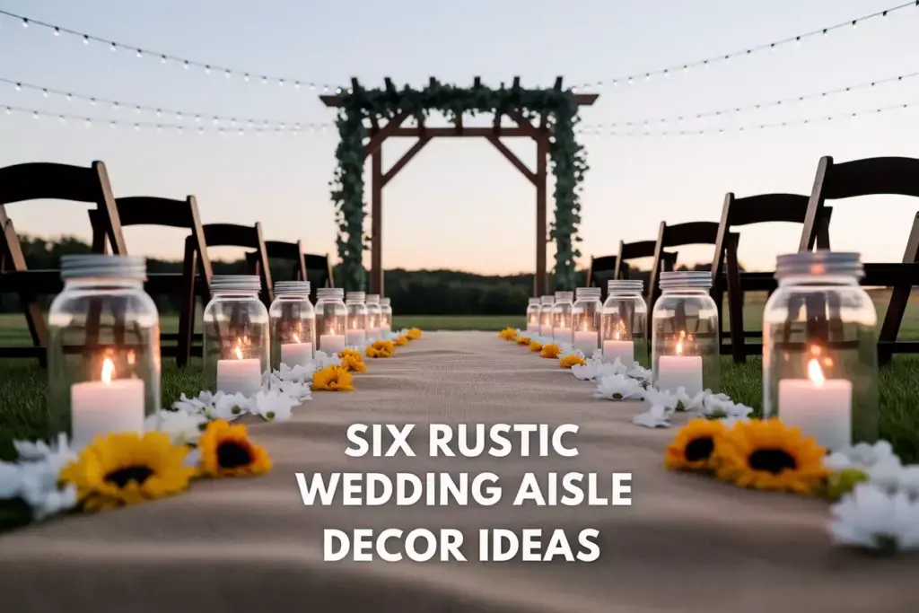 Wooden arch mason jar lanterns wildflower petals string lights sunset ceremony rustic wedding
