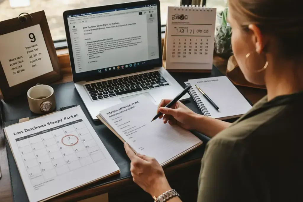 Application process documents calendar email park wedding packet on desk