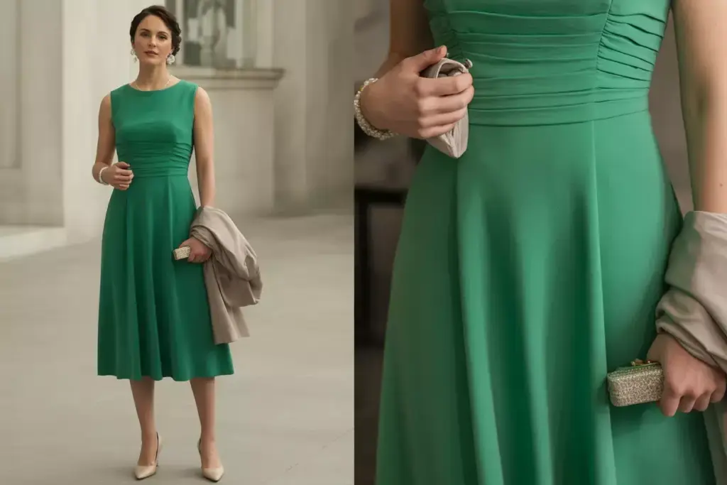 Elegant woman in emerald midi dress with pearls and clutch