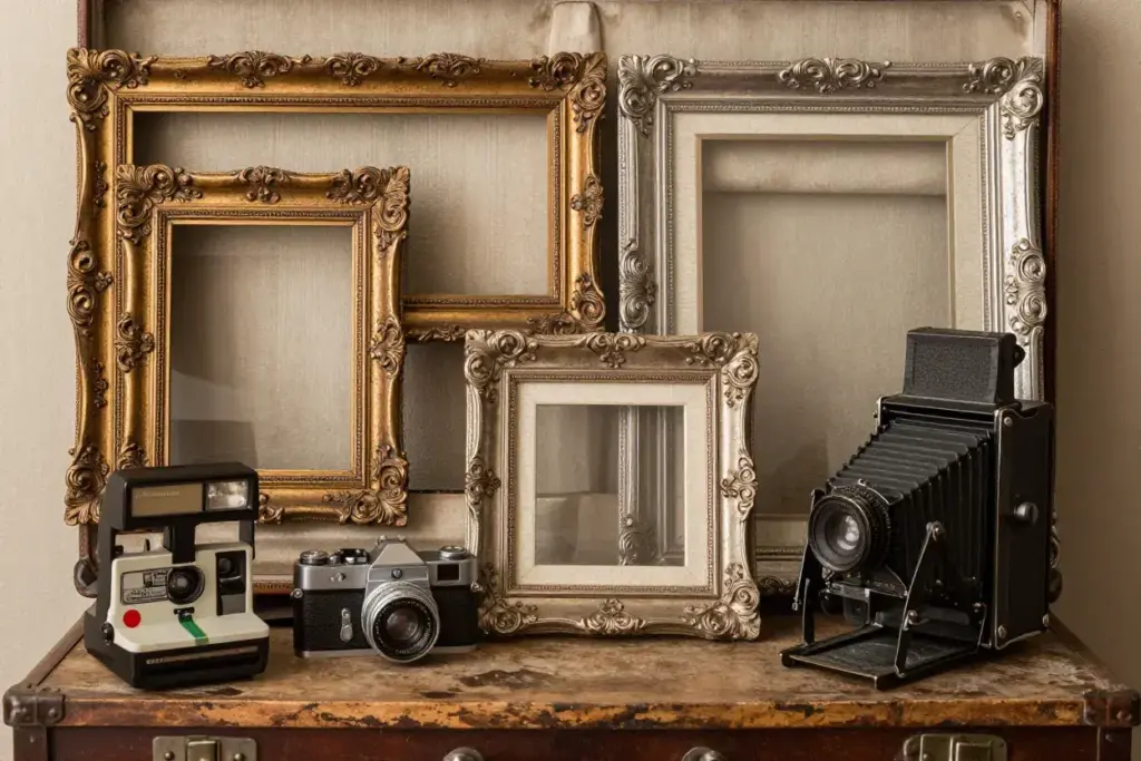 Overhead arrangement of ornate gold frames and vintage cameras on wood