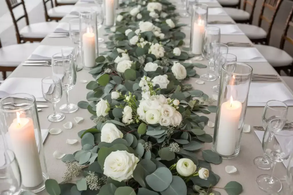 Overhead banquet table with cascading eucalyptus white rose runner
