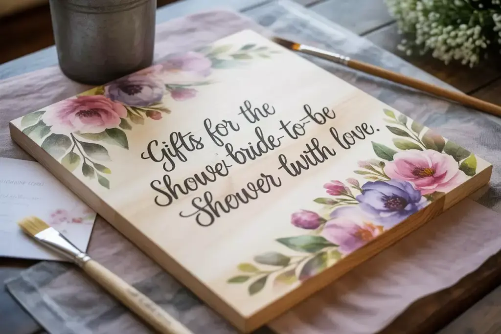Overhead view finished watercolor floral wooden bridal shower sign