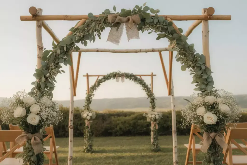 Wooden ceremony arch with greenery and flowers in morning light