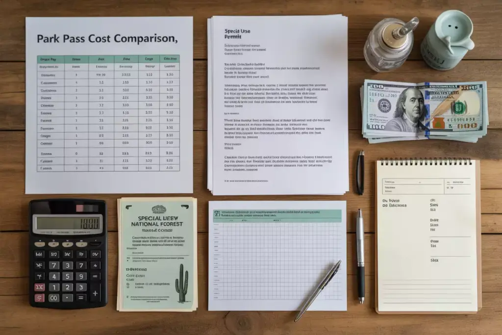 Budget planning flat lay with park pass table and permit documents
