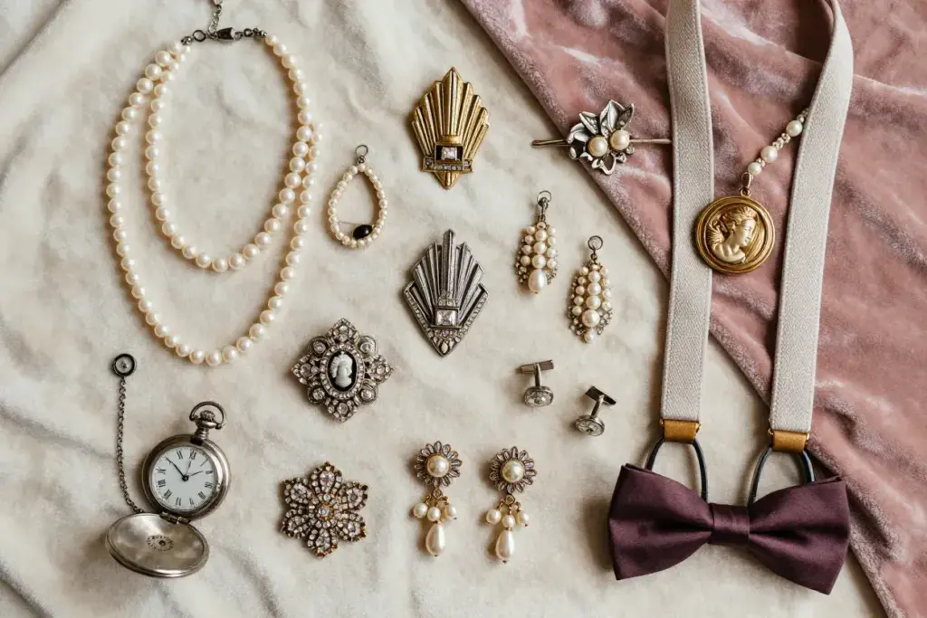 Flat lay of pearls brooches and mens vintage accessories on velvet