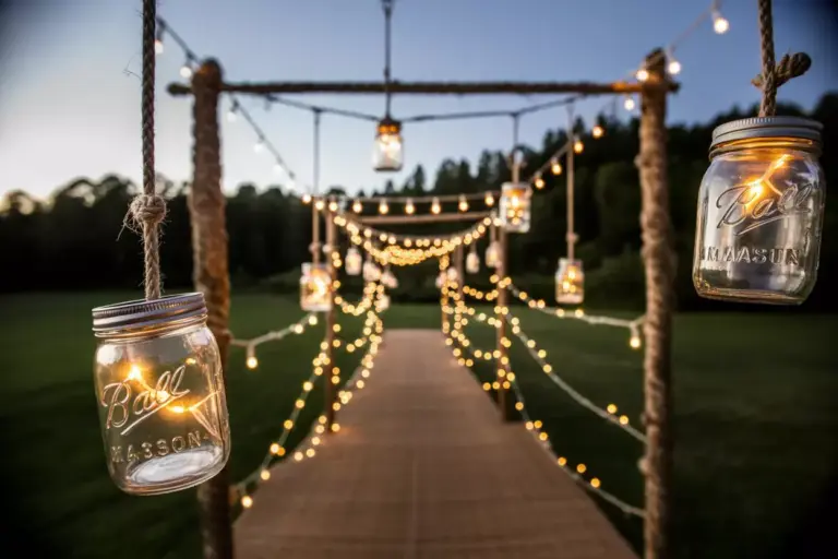 Hanging Mason Jar Lantern Canopy Over Rustic Aisle At Dusk