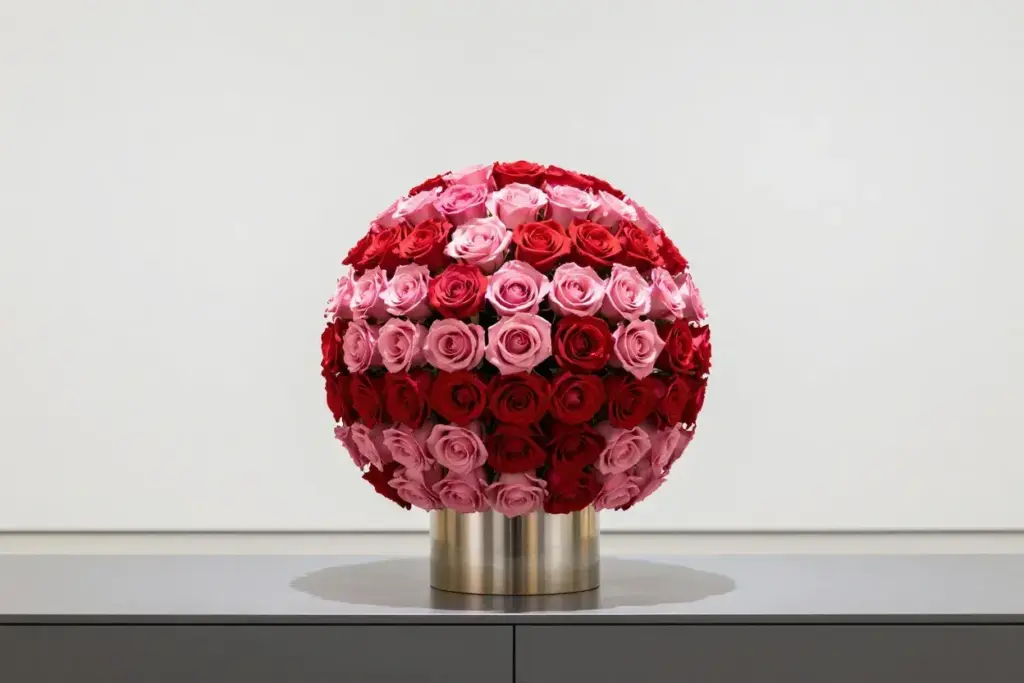 Perfect spherical geometric rose arrangement in metallic vase