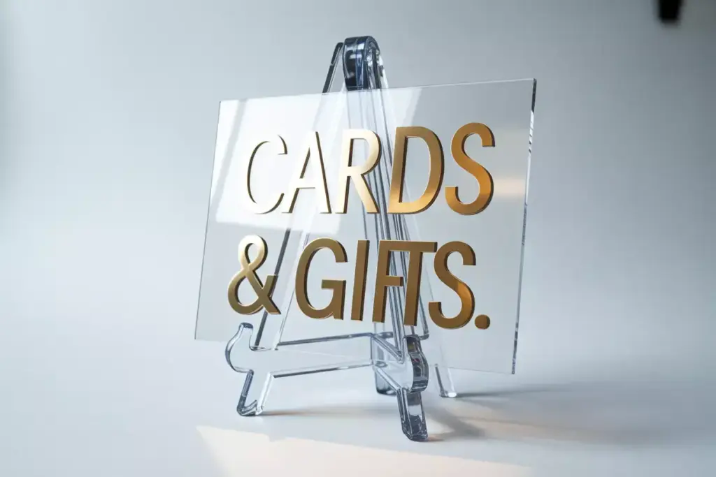 Sleek clear acrylic sign with gold lettering on easel