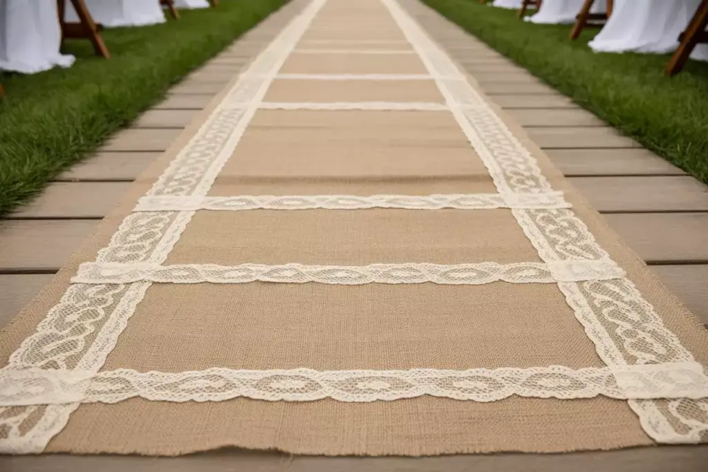 Close up of burlap aisle runner with vintage lace trim