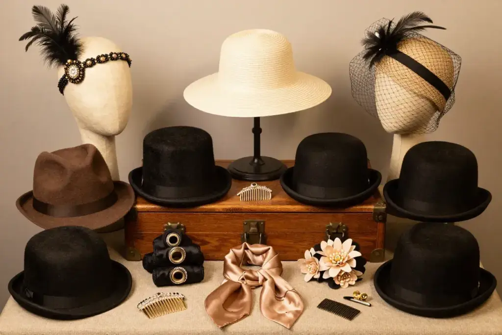 Display of feathered headbands fedoras and vintage hair accessories