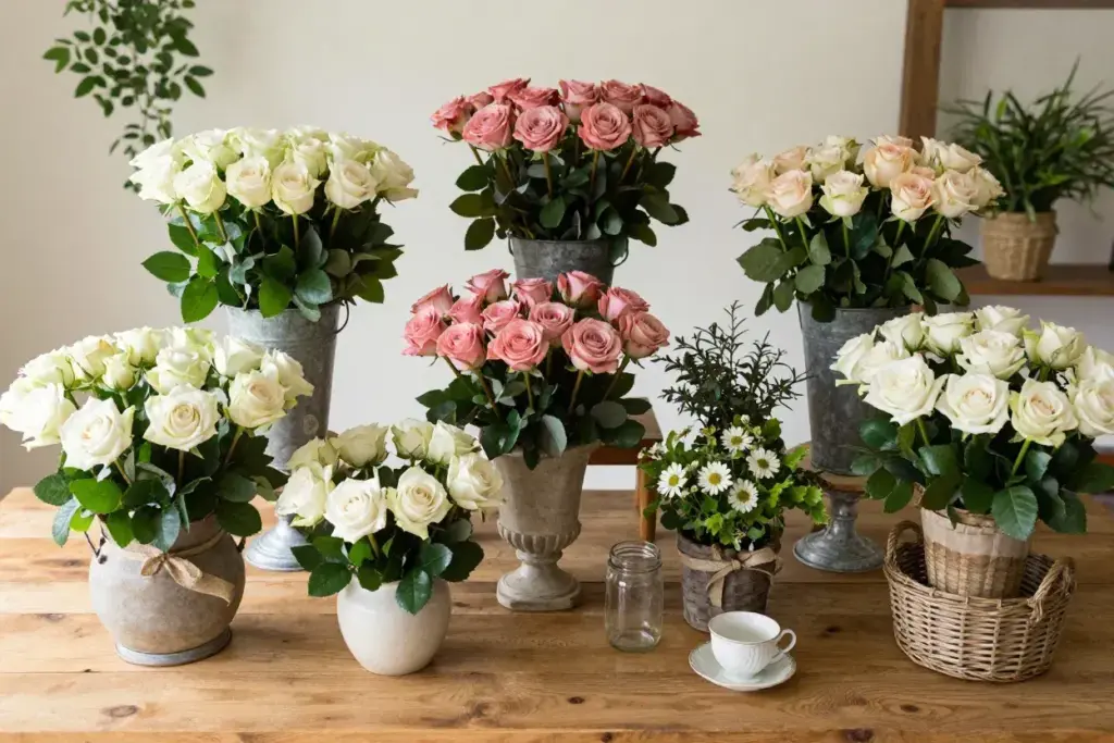 Garden party multiple rose arrangements vintage containers table