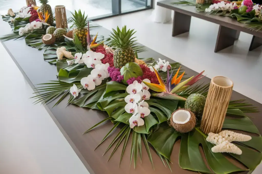 Modern table with exotic orchid palm frond tropical runner