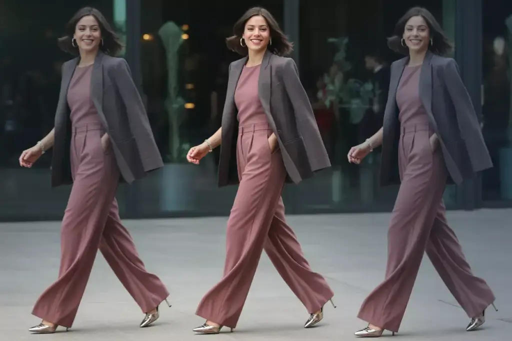 Modern woman in burgundy jumpsuit and tailored charcoal blazer