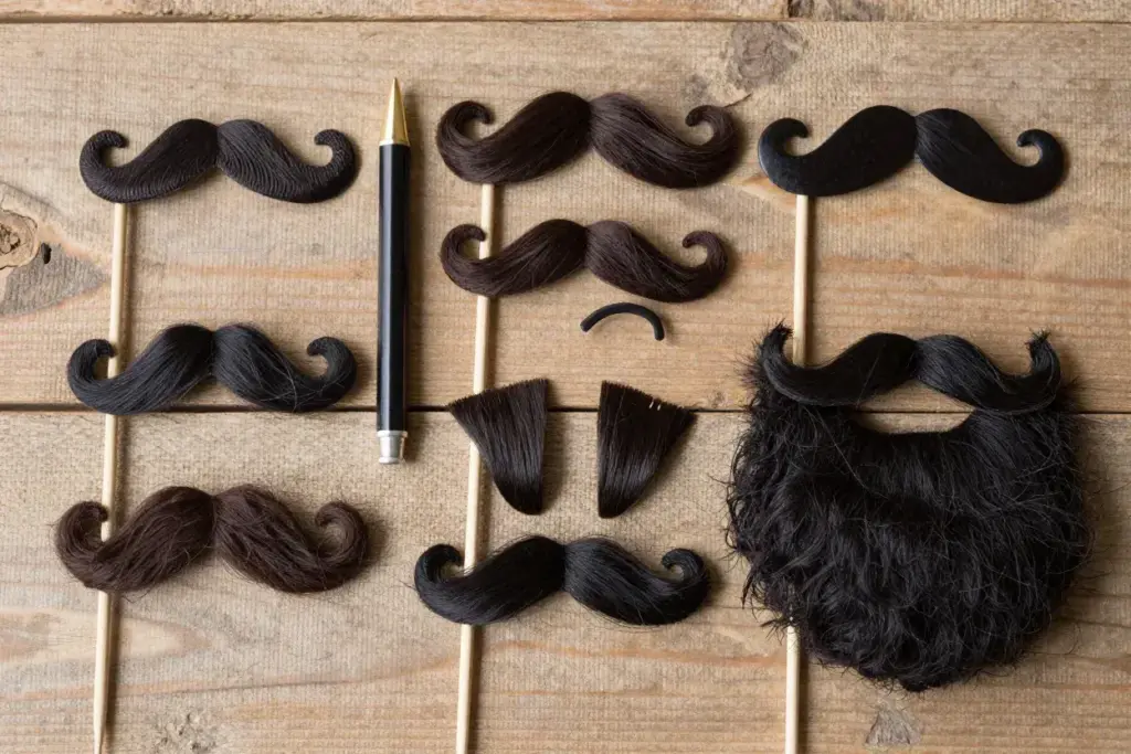 Assortment of wooden stick mustaches and beard props on wood