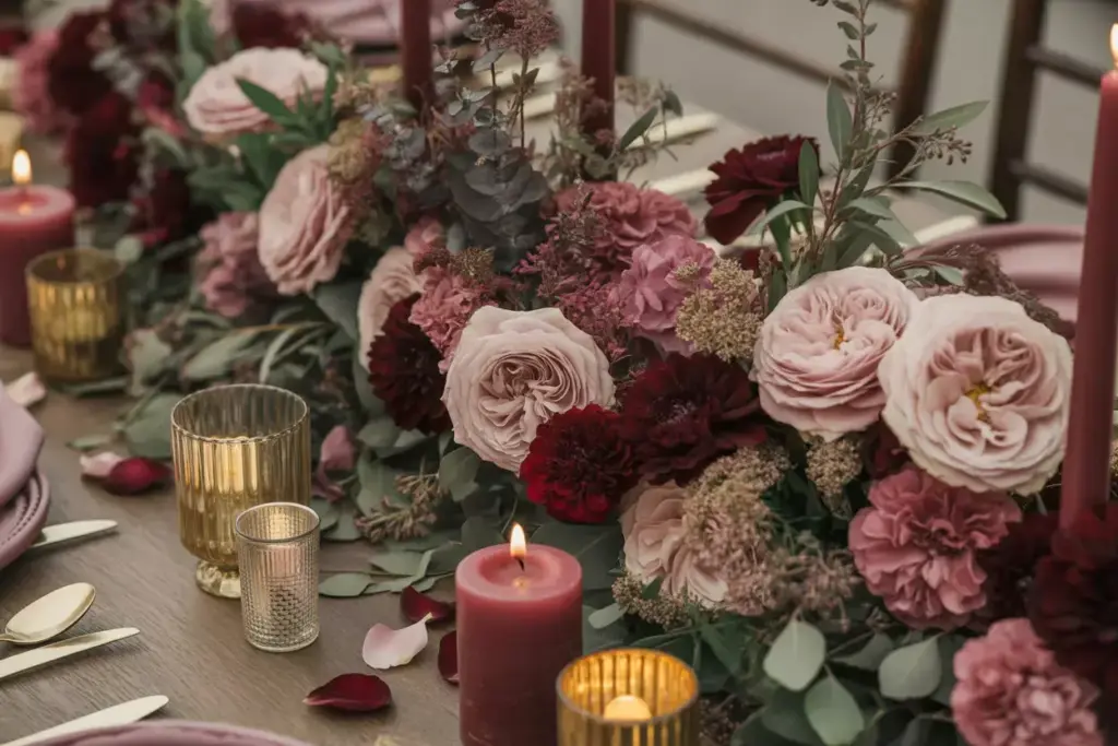 Closeup blush burgundy dahlias roses gold candlelight runner