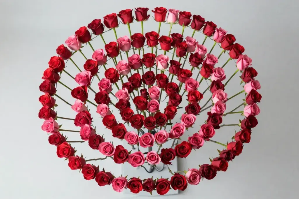 Closeup topdown spiral rose arrangement mathematical pattern