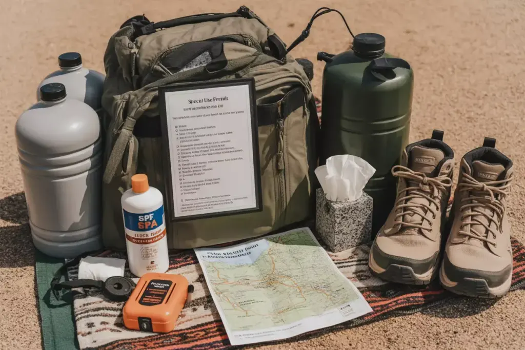 Desert wedding essentials water sunscreen boots permit on blanket