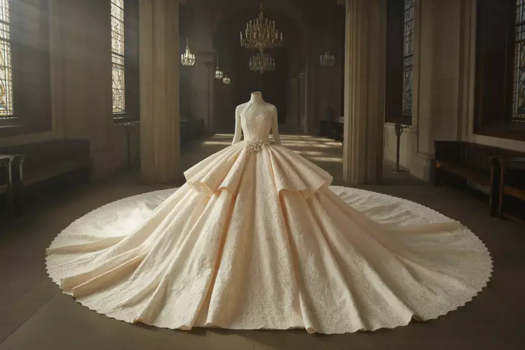 Dramatic ball gown cathedral train formal wedding