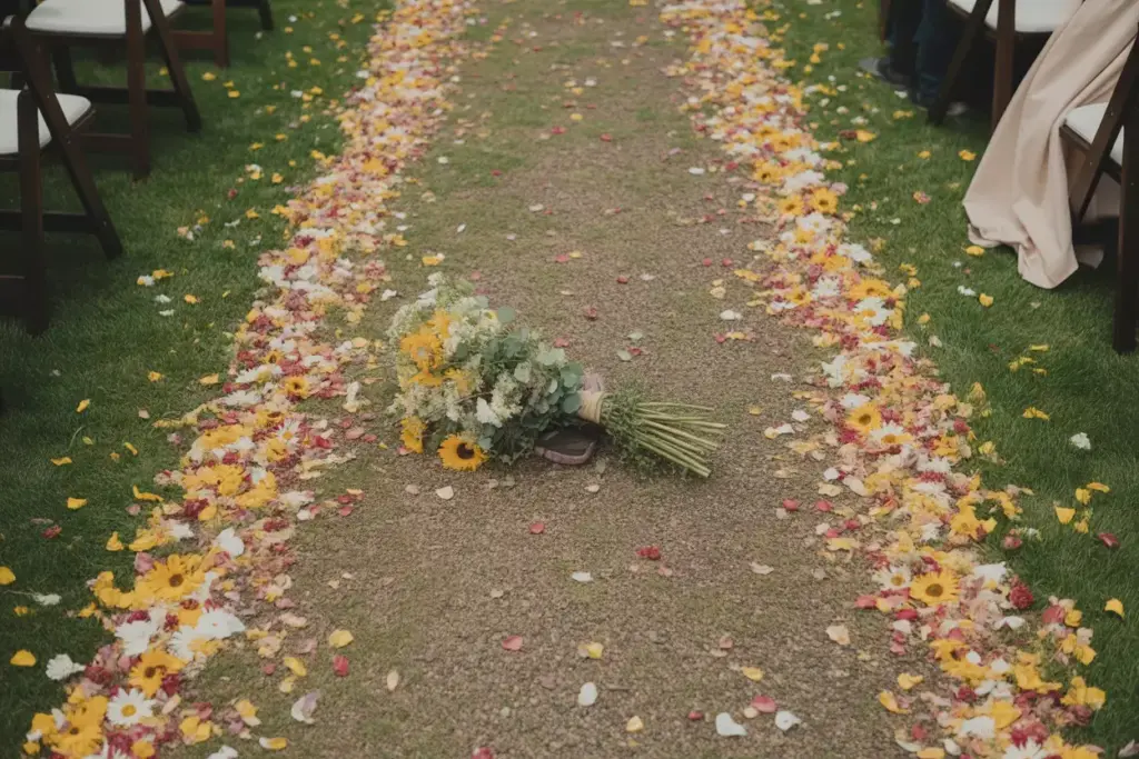 Overhead view of aisle scattered with colorful wildflower petals