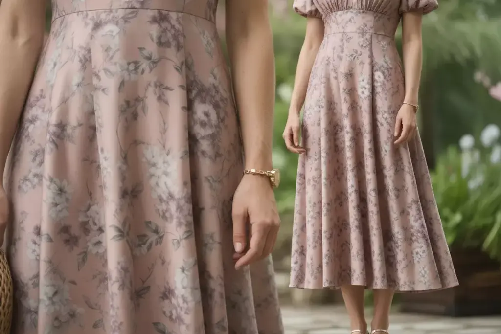 Woman in delicate floral midi dress in garden setting