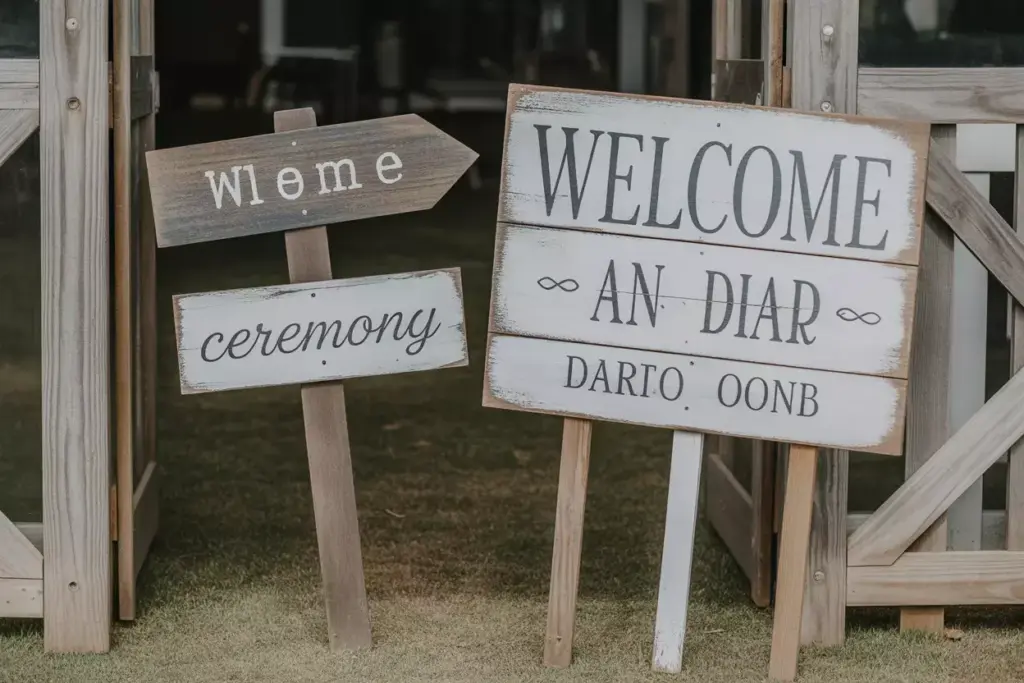 Cluster of weathered wooden welcome and directional signs