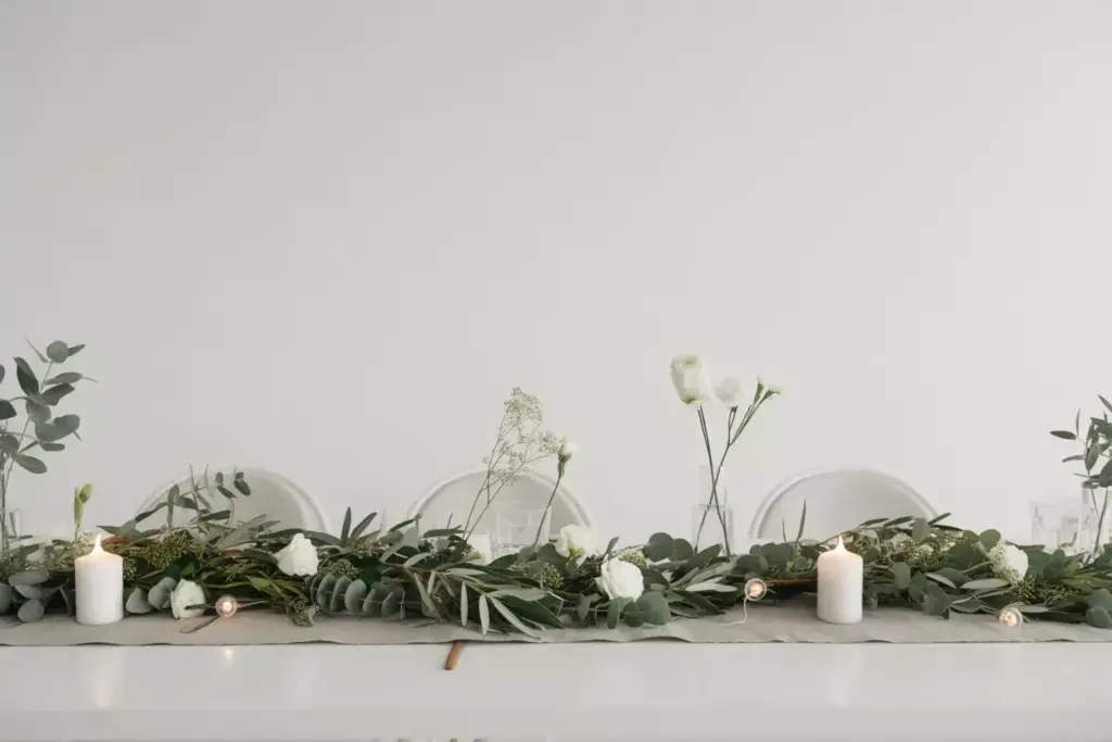 Minimalist table green eucalyptus olive branch white flower runner