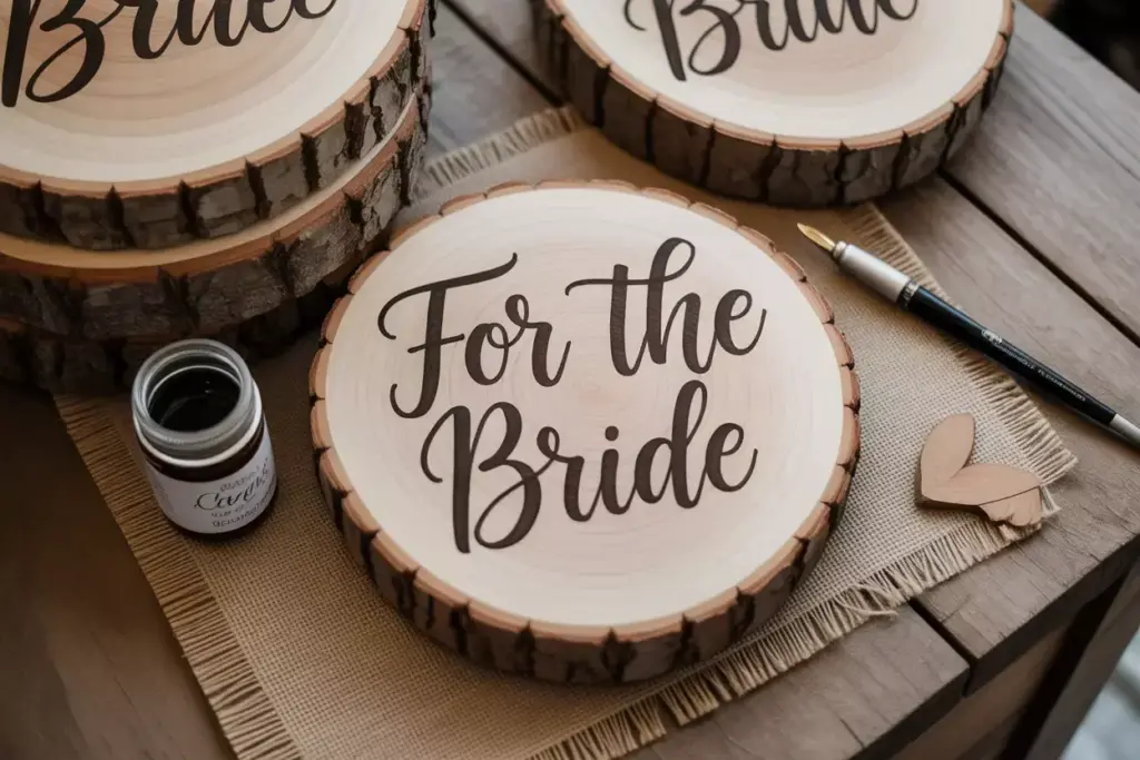 Natural wood slice with hand calligraphy for bridal shower