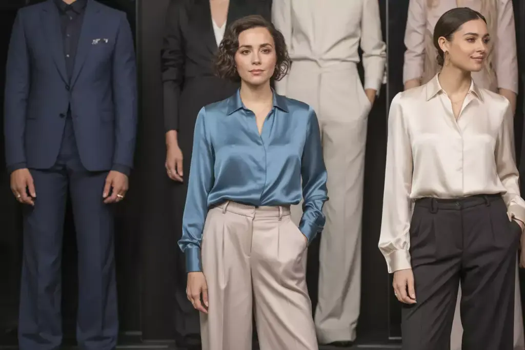 Polished woman in sapphire silk blouse and wide leg trousers