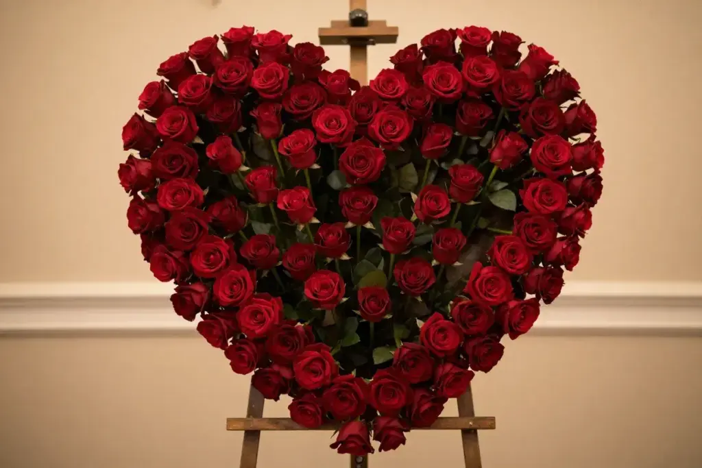 Romantic heart shaped red rose arrangement on easel