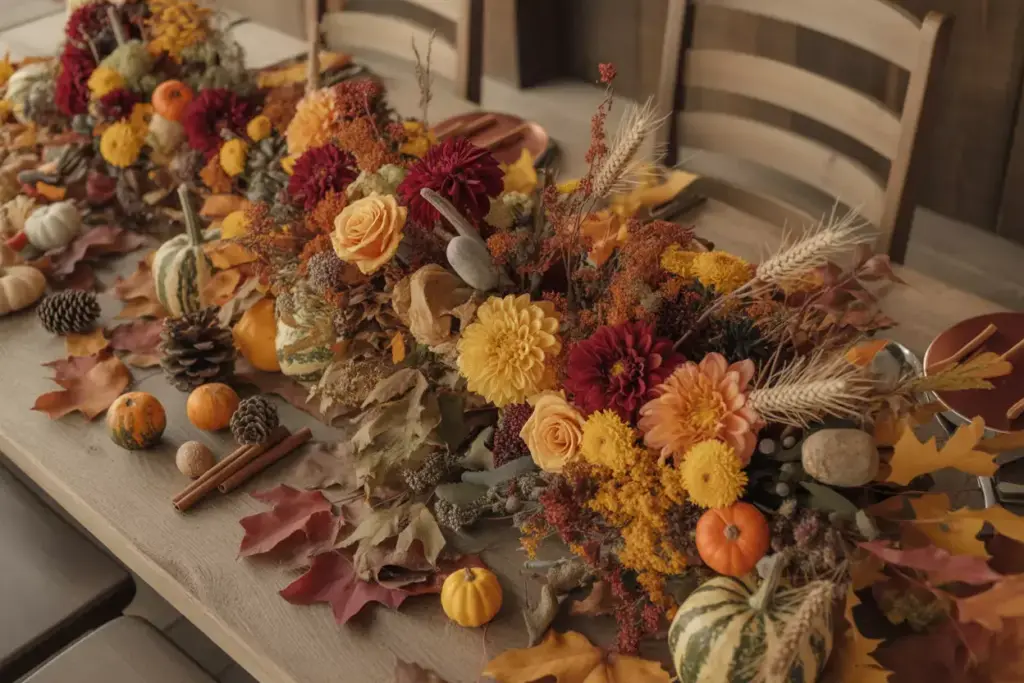 Abundant autumn harvest runner dahlias pumpkins wheat on wood