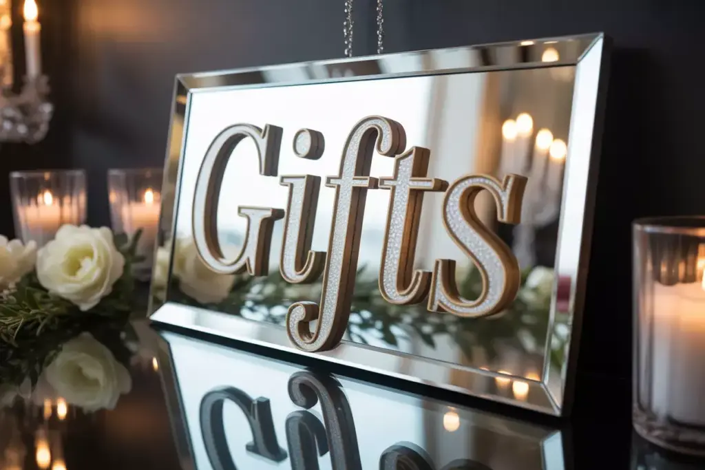 Glamorous mirror sign with vinyl lettering reflecting decor