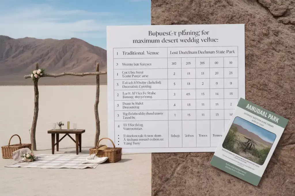 Natural wedding arch and cost comparison table flat lay