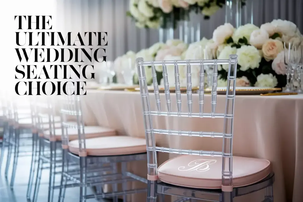 Elegant wedding reception with clear chiavari chair and floral centerpiece