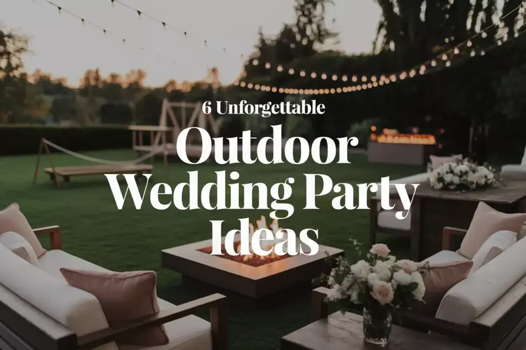 Golden hour garden wedding with fire pit lounge and overhead lights