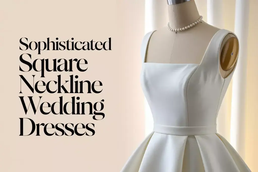 Minimalist crepe wedding dress with crisp square neckline studio shot
