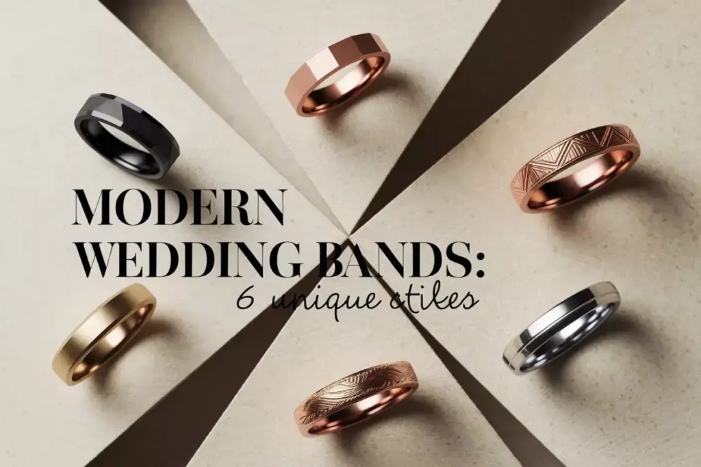 Modern wedding bands flat lay six unique styles on textured background