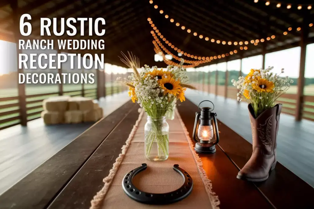 Rustic barn wedding table with mason jar wildflowers and cowboy boot vase