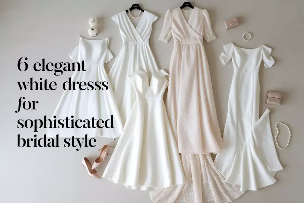 Six sophisticated white bridal dresses flat lay with accessories on neutral background