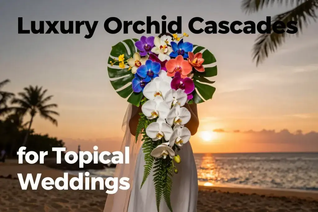 Tropical beach sunset backdrop with luxury mixed orchid cascading bouquet