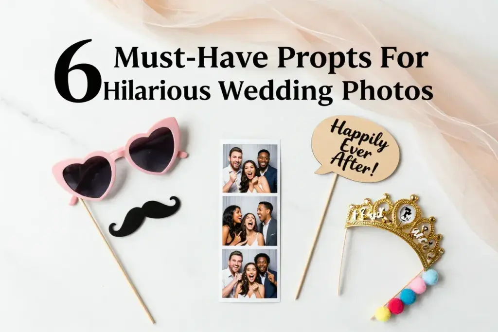Ultimate wedding photo booth prop flat lay with six essential items