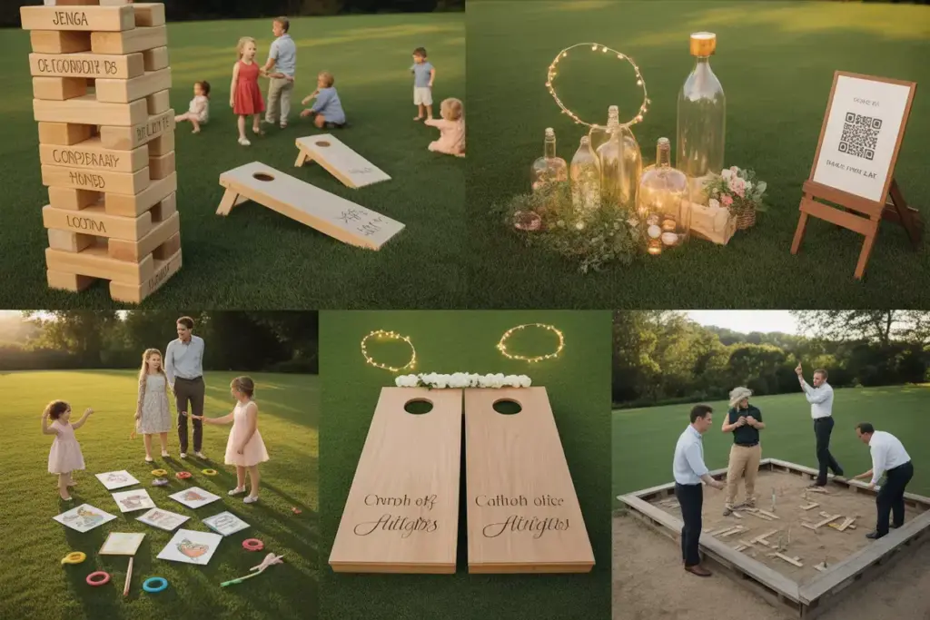 Aerial view wedding lawn games giant jenga cornhole ring toss stations