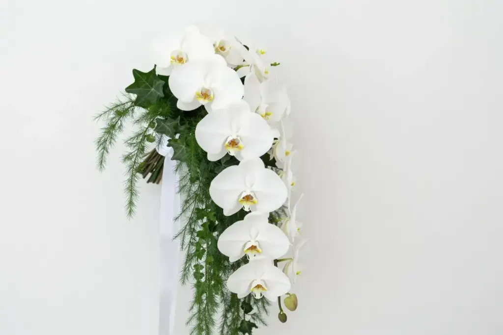 Classic white phalaenopsis orchid cascading bouquet with pearls