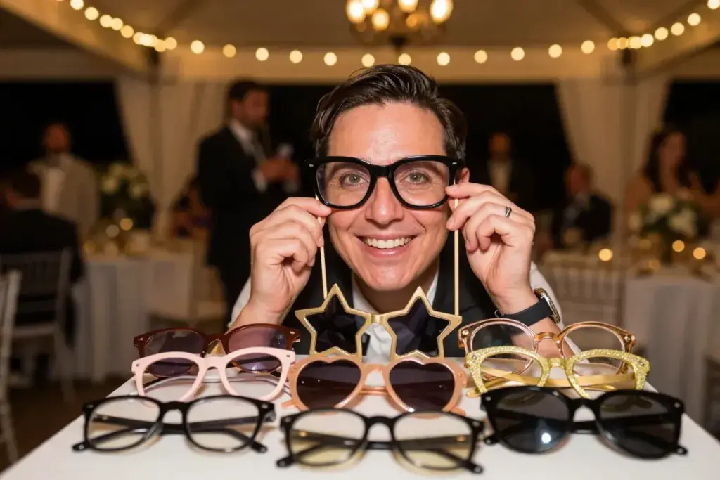 Guests playing with oversized glasses and sunglasses collection at wedding reception